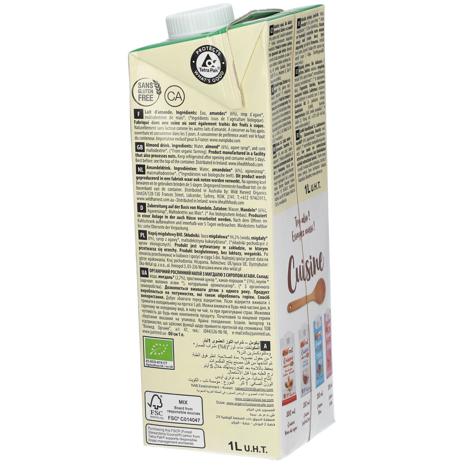 Côté de la brique EcoMil Almond. Texte, ingrédients, certifications. 1L.
