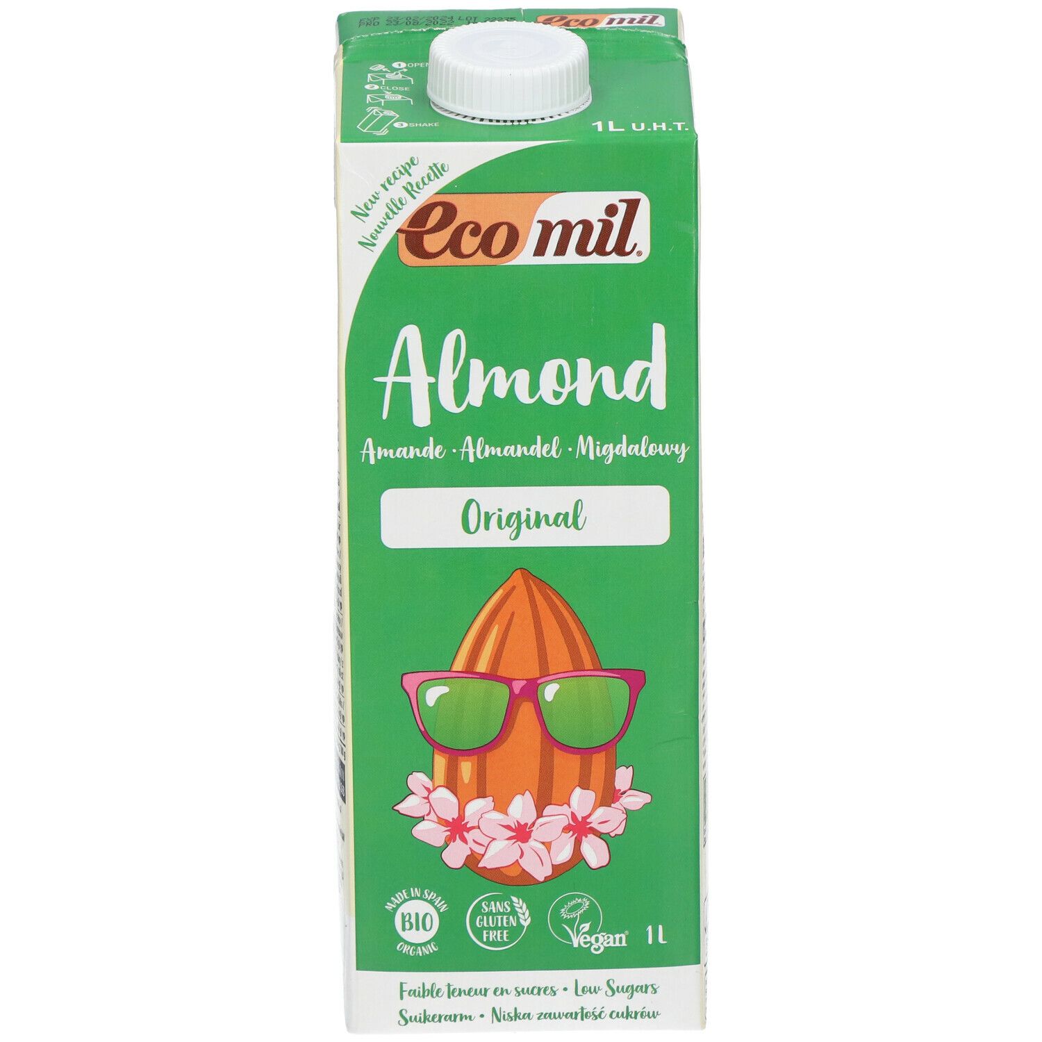 Brique verte EcoMil Almond Original. Logo amande avec lunettes. Bio, vegan. 1L.