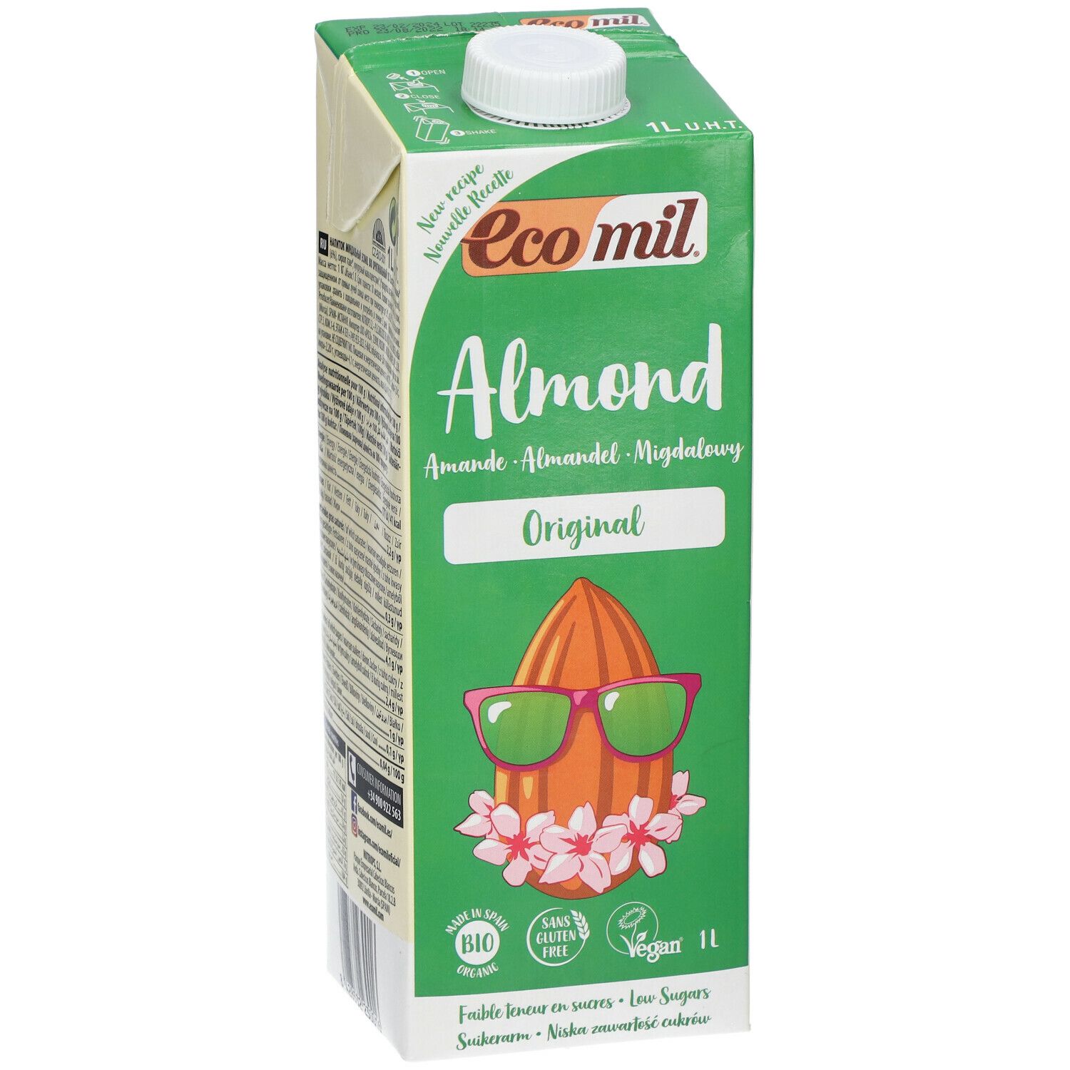 Brique verte EcoMil Almond Original. Logo amande avec lunettes. Bio, vegan. 1L.