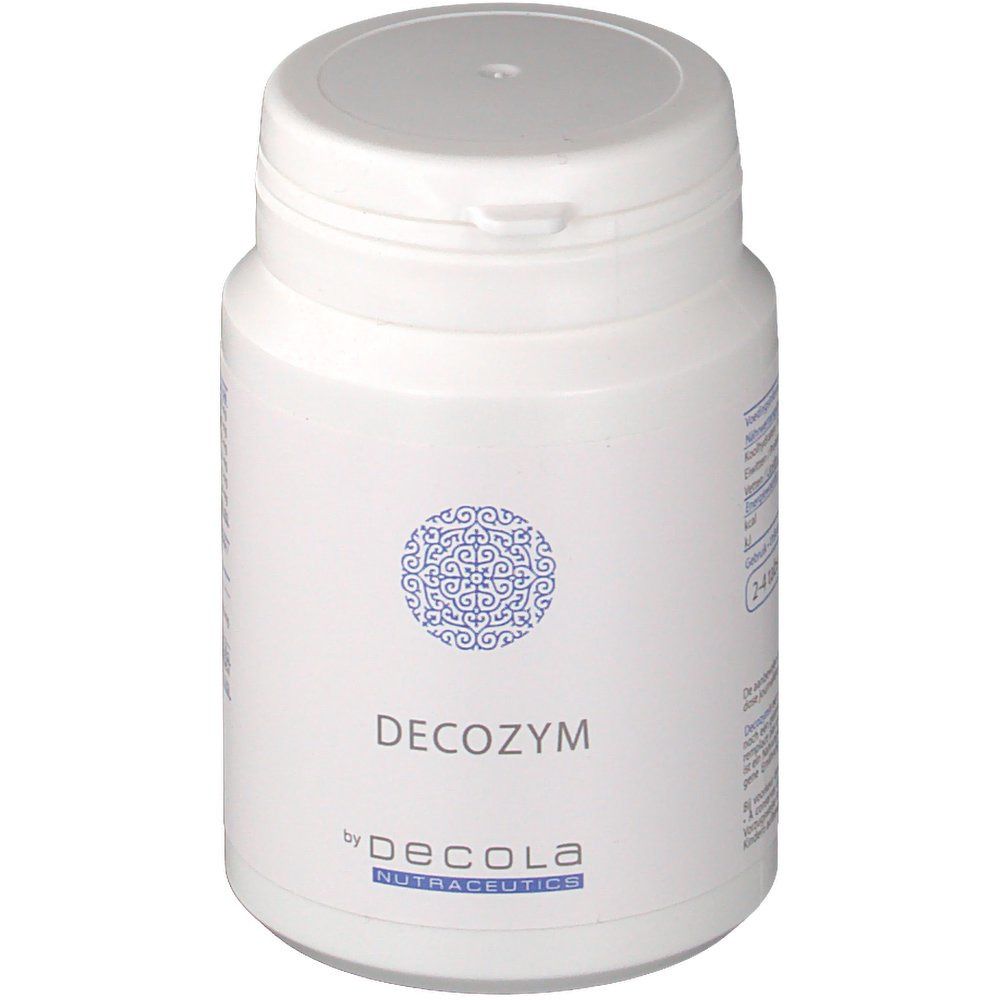Flacon blanc de comprimés avec couvercle. Inscription: Decozym by Decola Nutraceutics. Motif bleu.