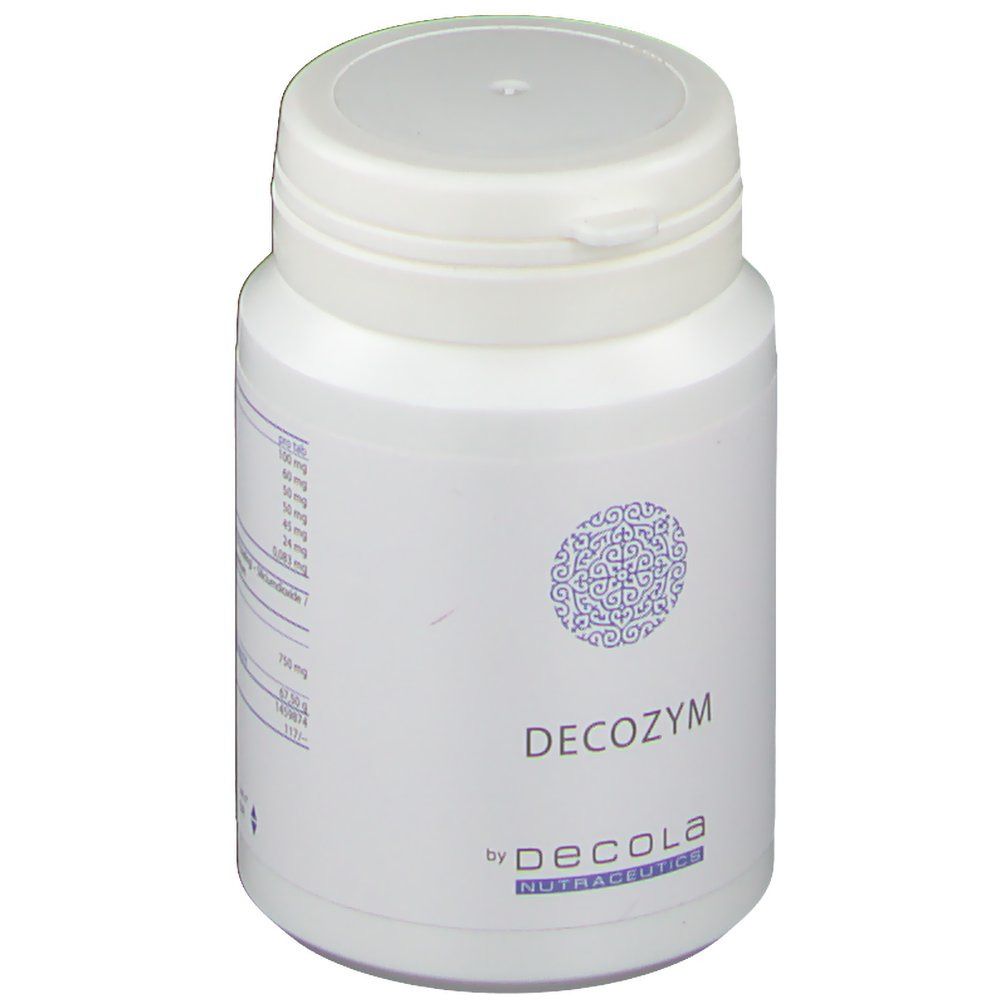 Flacon blanc de comprimés avec couvercle. Inscription: Decozym by Decola Nutraceutics. Motif bleu.