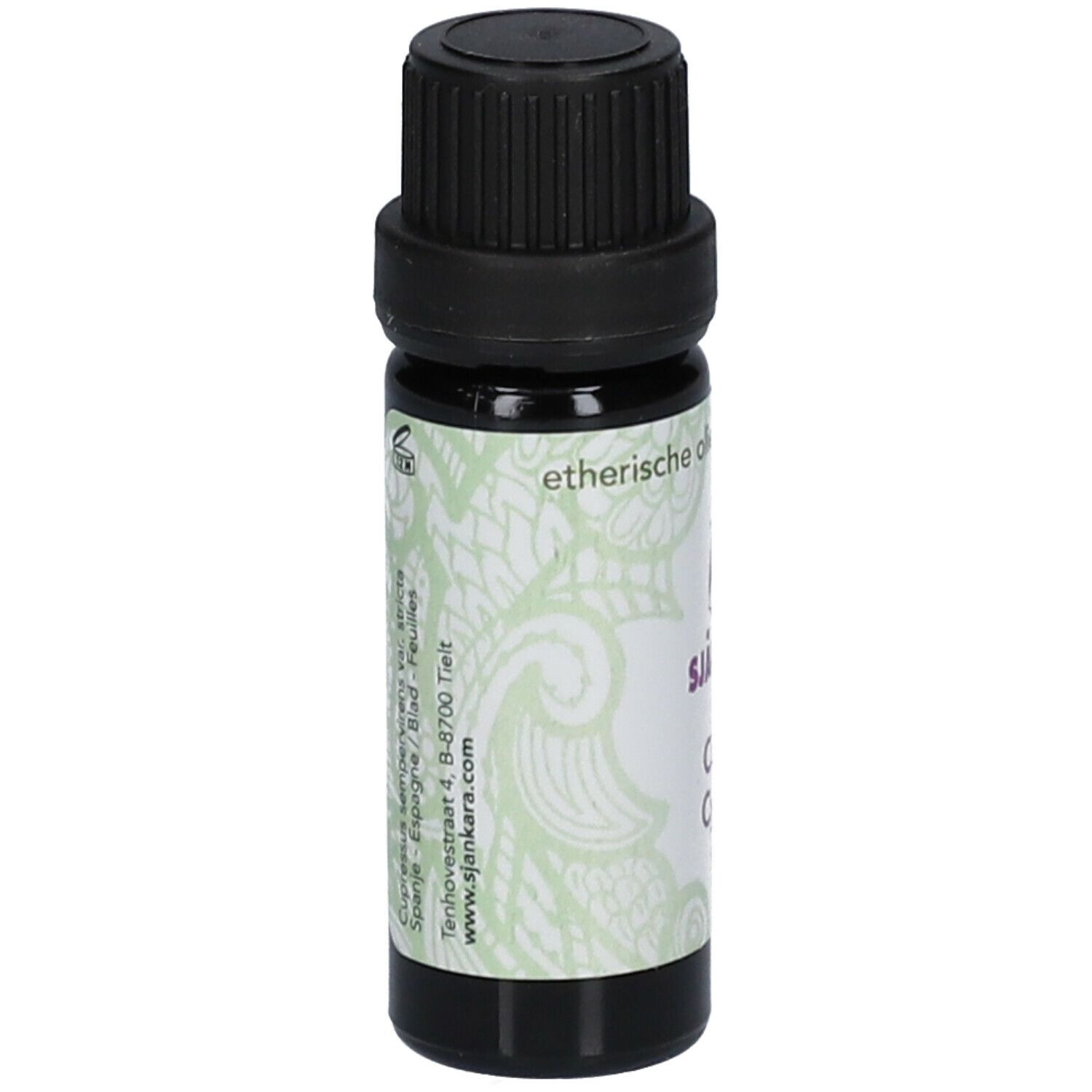 Flacon en verre brun avec bouchon noir. Étiquette avec informations sur le produit et marque SJANKARA.