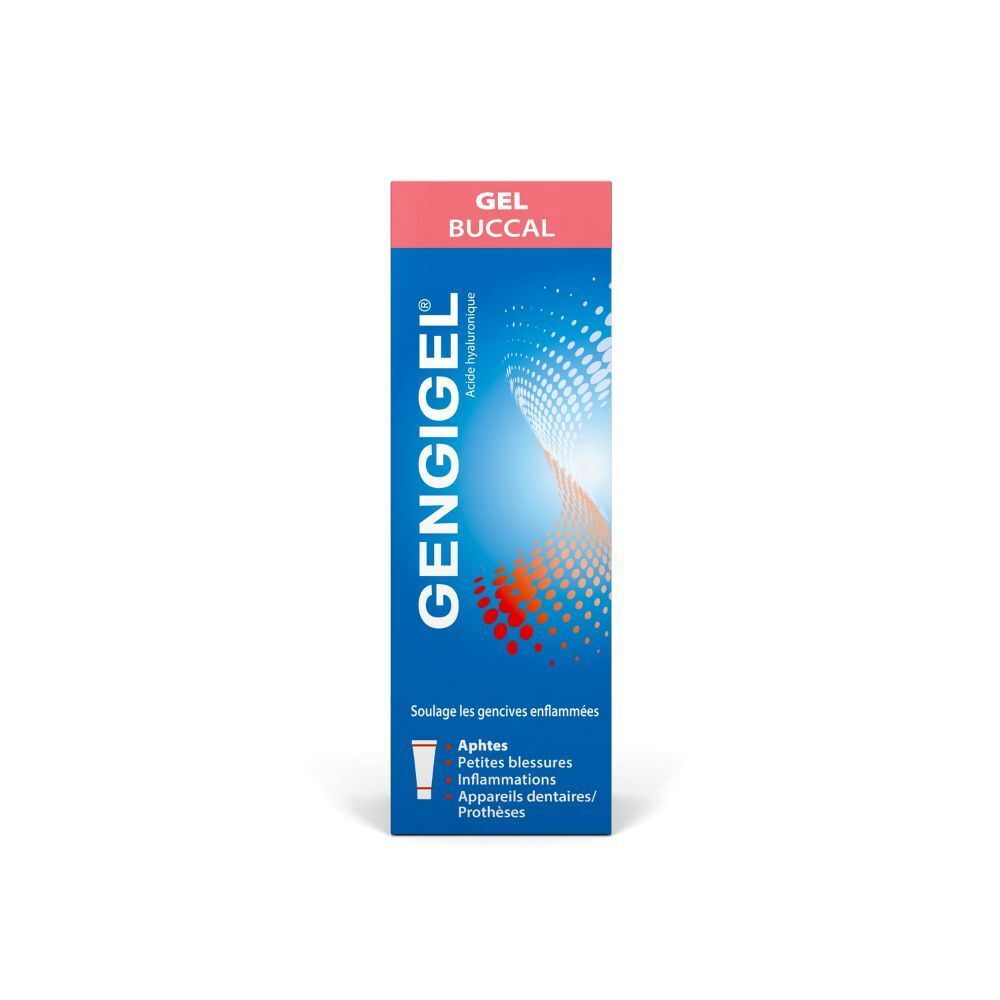 Boîte bleue avec couvercle rose. Inscription : GENGIGEL, Gel Buccal. Contient un tube.
