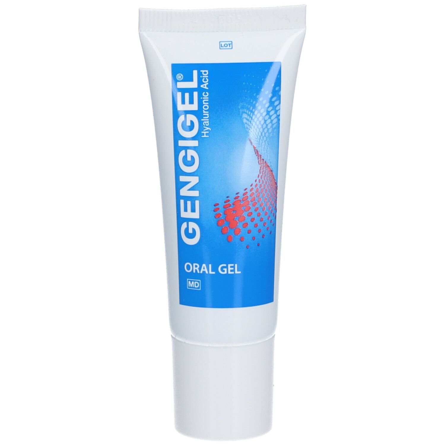 Tube blanche avec design bleu et rouge. Inscription : GENGIGEL, Acide hyaluronique, Oral Gel.