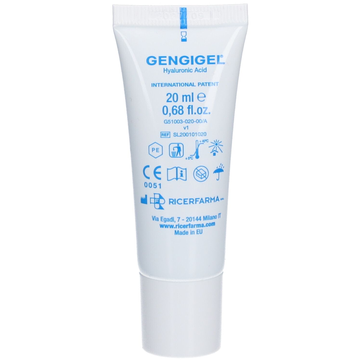 Tube blanc avec texte bleu. Inscription : GENGIGEL, Acide hyaluronique, 20 ml, 0,68 fl.oz.