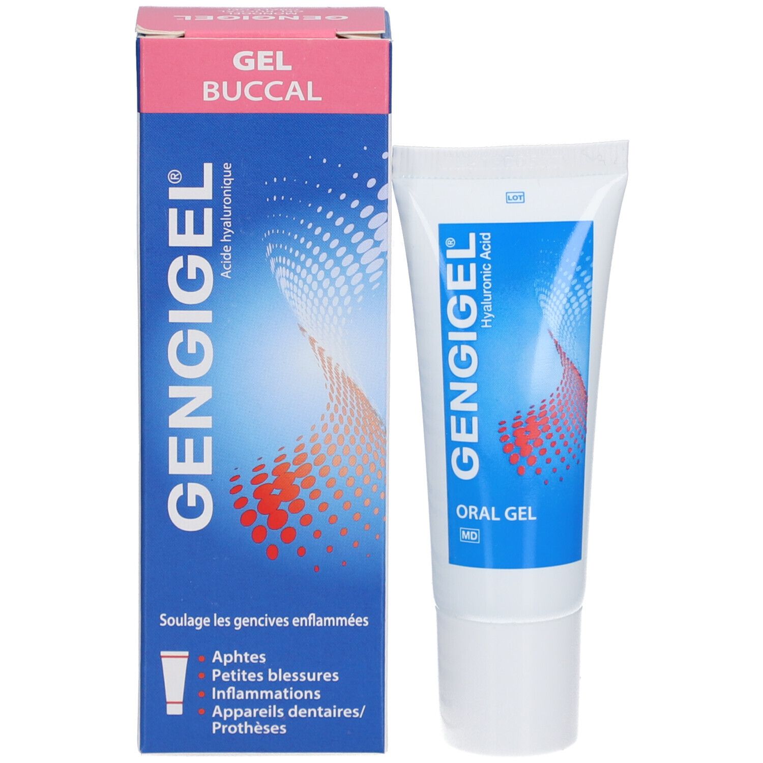 Boîte bleu-rose avec tube. Inscription : GENGIGEL, Gel Buccal. Contient un tube Oral Gel.