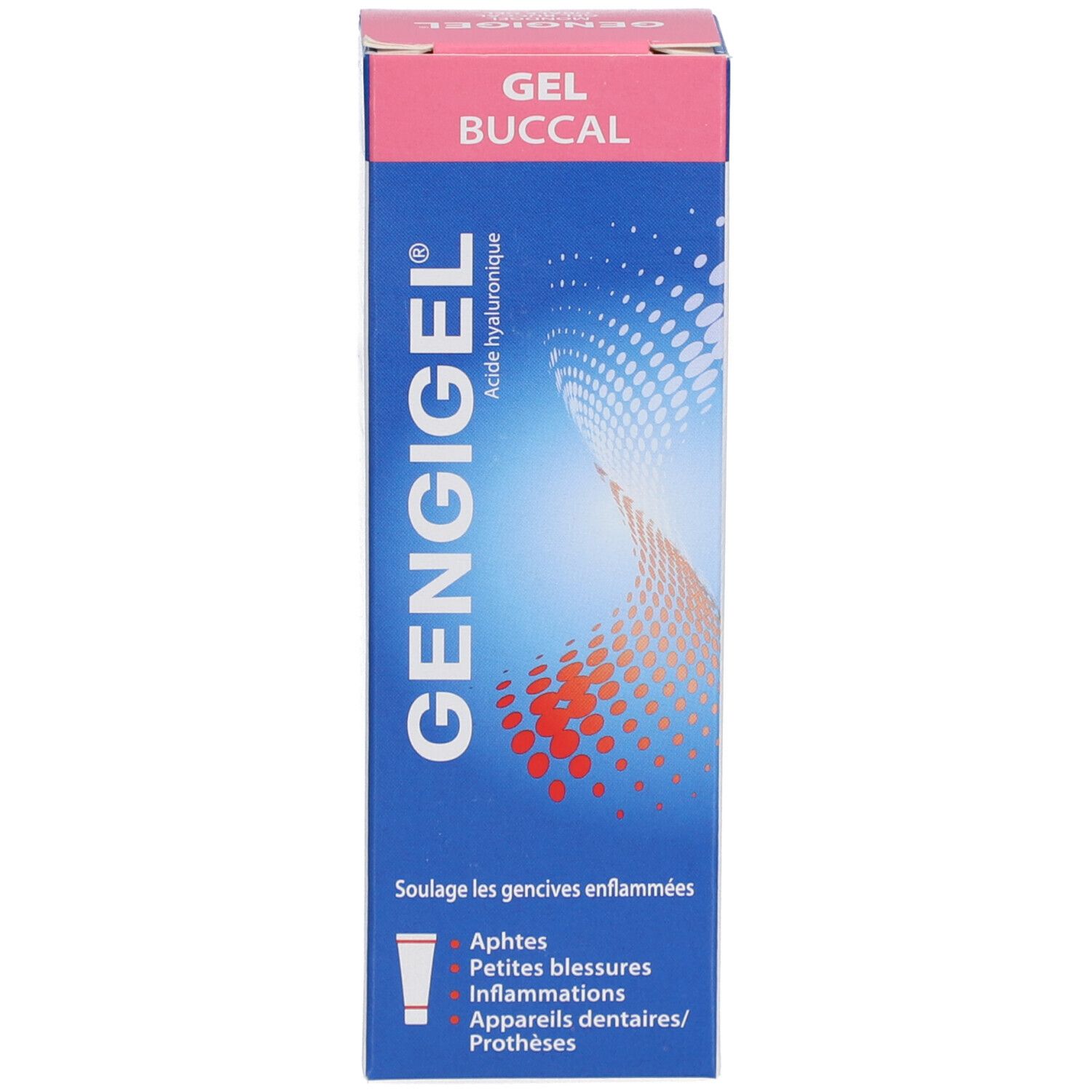 Boîte bleue avec couvercle rose. Inscription : GENGIGEL, Gel Buccal. Contient un tube.