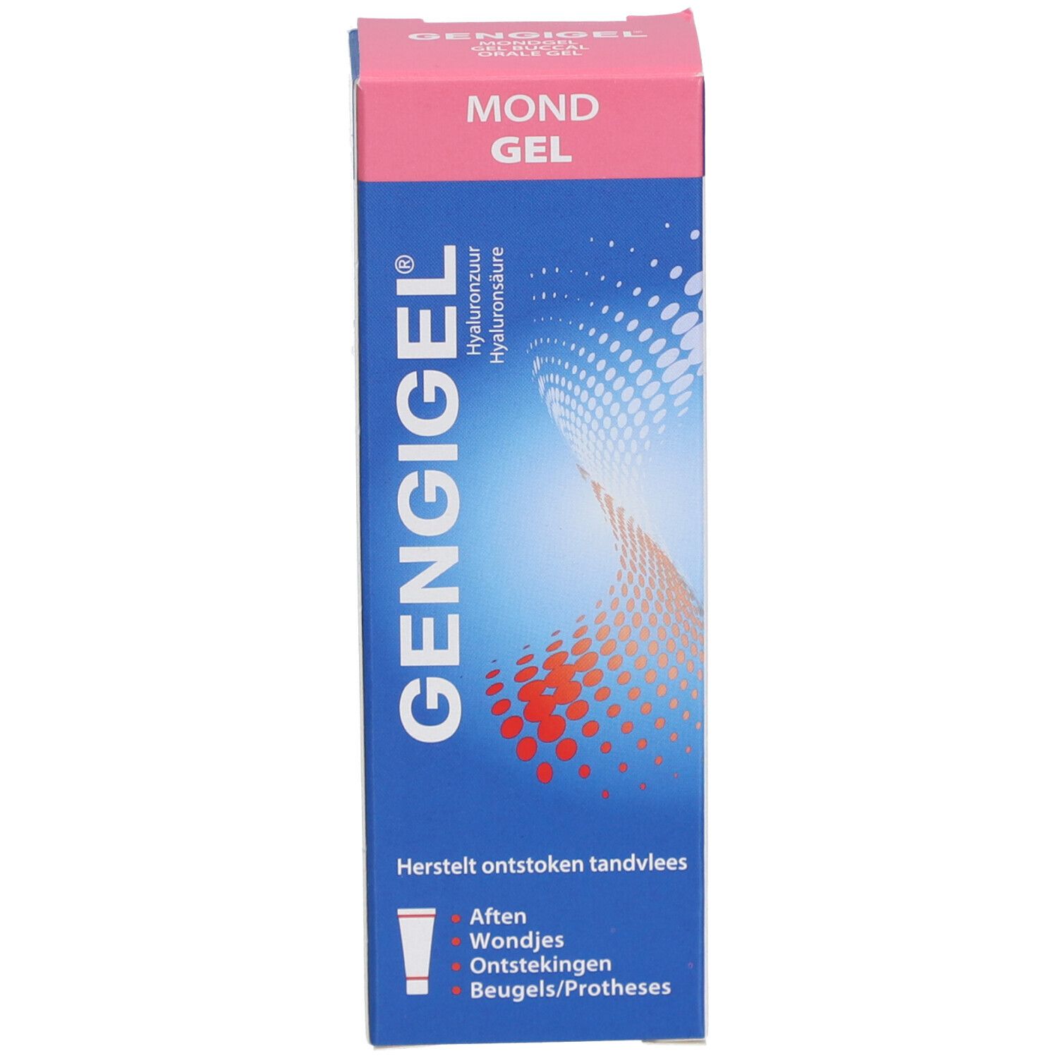 Boîte bleue avec couvercle rose. Inscription : GENGIGEL, Gel buccal. Contient un tube.