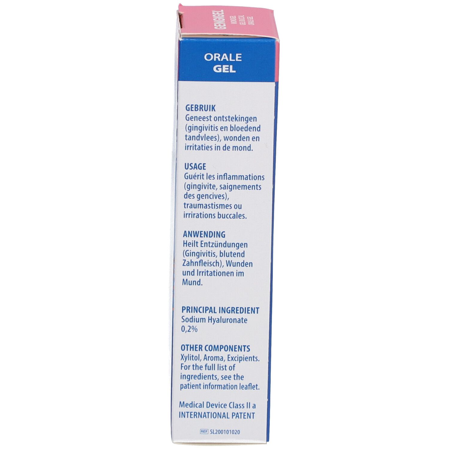 Dos de la boîte bleue. Inscription : GENGIGEL, Gel oral. Ingrédients et mode d'emploi.