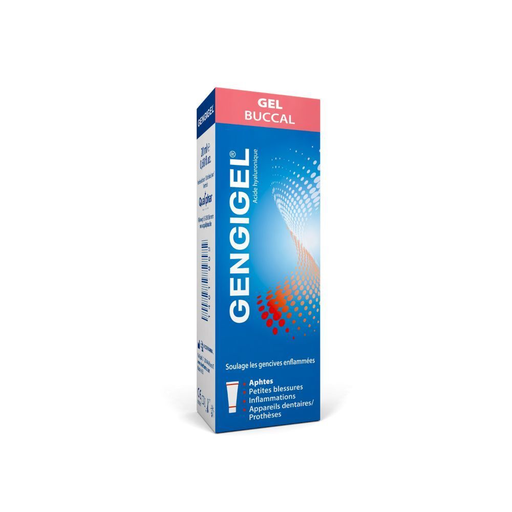 Boîte bleue avec couvercle rose. Inscription : GENGIGEL, Gel Buccal. Contient un tube.