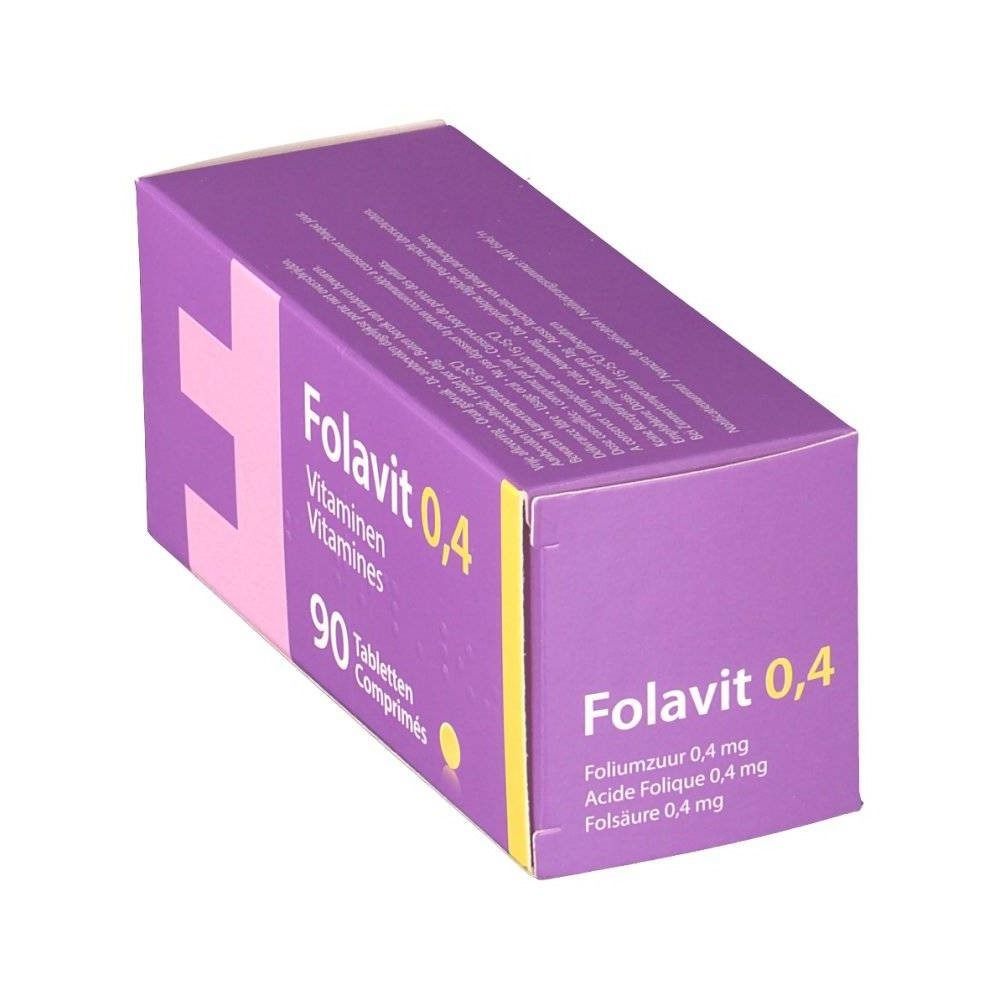 Boîte violette avec texte "Folavit 0,4". Contient 90 comprimés. Inscription "Vitamines".