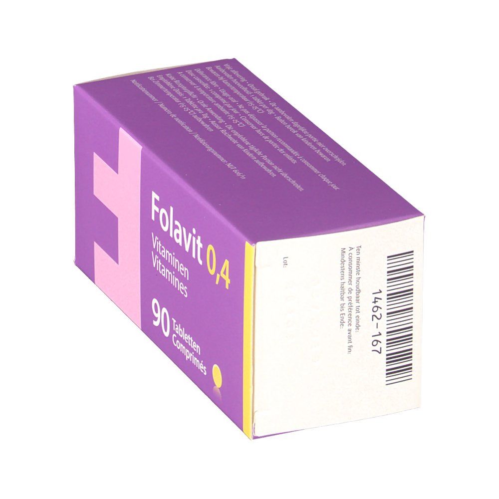 Boîte violette avec texte "Folavit 0,4". Contient 90 comprimés. Code-barres et texte sur le côté.