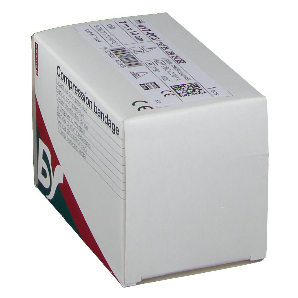 Boîte de bandage compressif. Inscription "Compression bandage". Dimensions : 7 m x 10 cm. Marque : BY. Avec marquage CE.