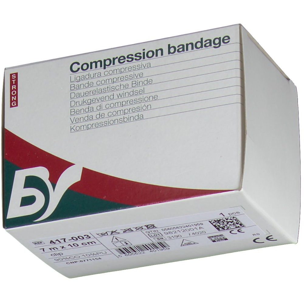 Boîte de bandage compressif. Inscription "Compression bandage". Dimensions : 7 m x 10 cm. Marque : BY. Avec marquage CE.