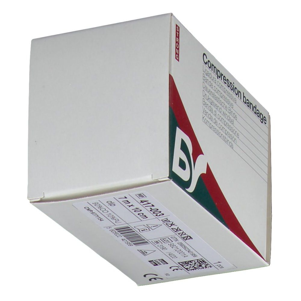 Boîte de bandage compressif. Inscription "Compression bandage". Dimensions : 7 m x 10 cm. Marque : BY. Avec marquage CE.