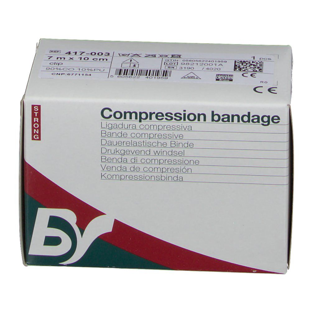 Boîte de bandage compressif. Inscription "Compression bandage". Dimensions : 7 m x 10 cm. Marque : BY. Avec marquage CE.