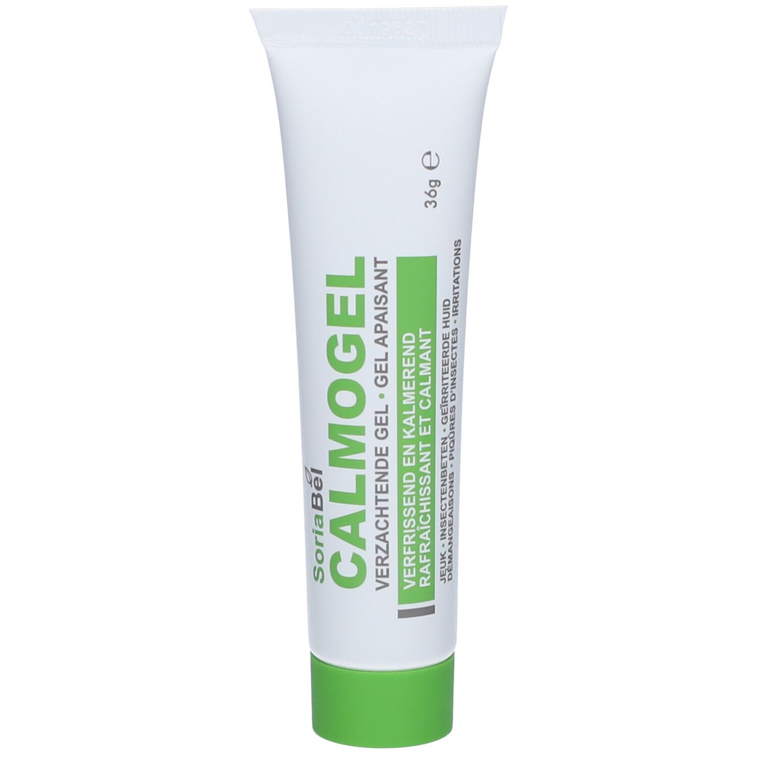 Tube blanc, bouchon vert. Inscription: CALMOGEL, SoriaBel. Texte en néerlandais, français. 36g.