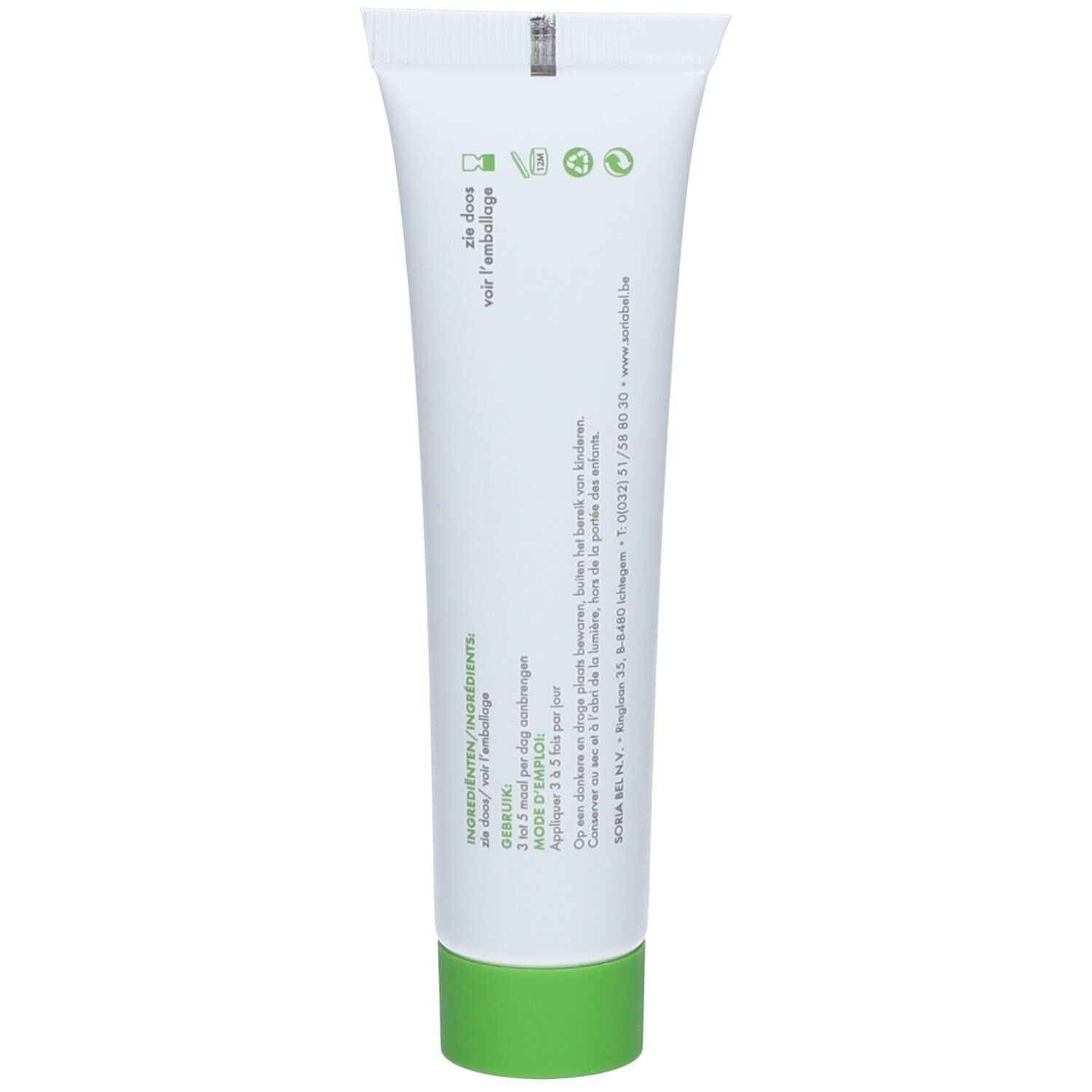 Dos d'un tube blanc avec bouchon vert. Texte en néerlandais et français. Éco-labels.