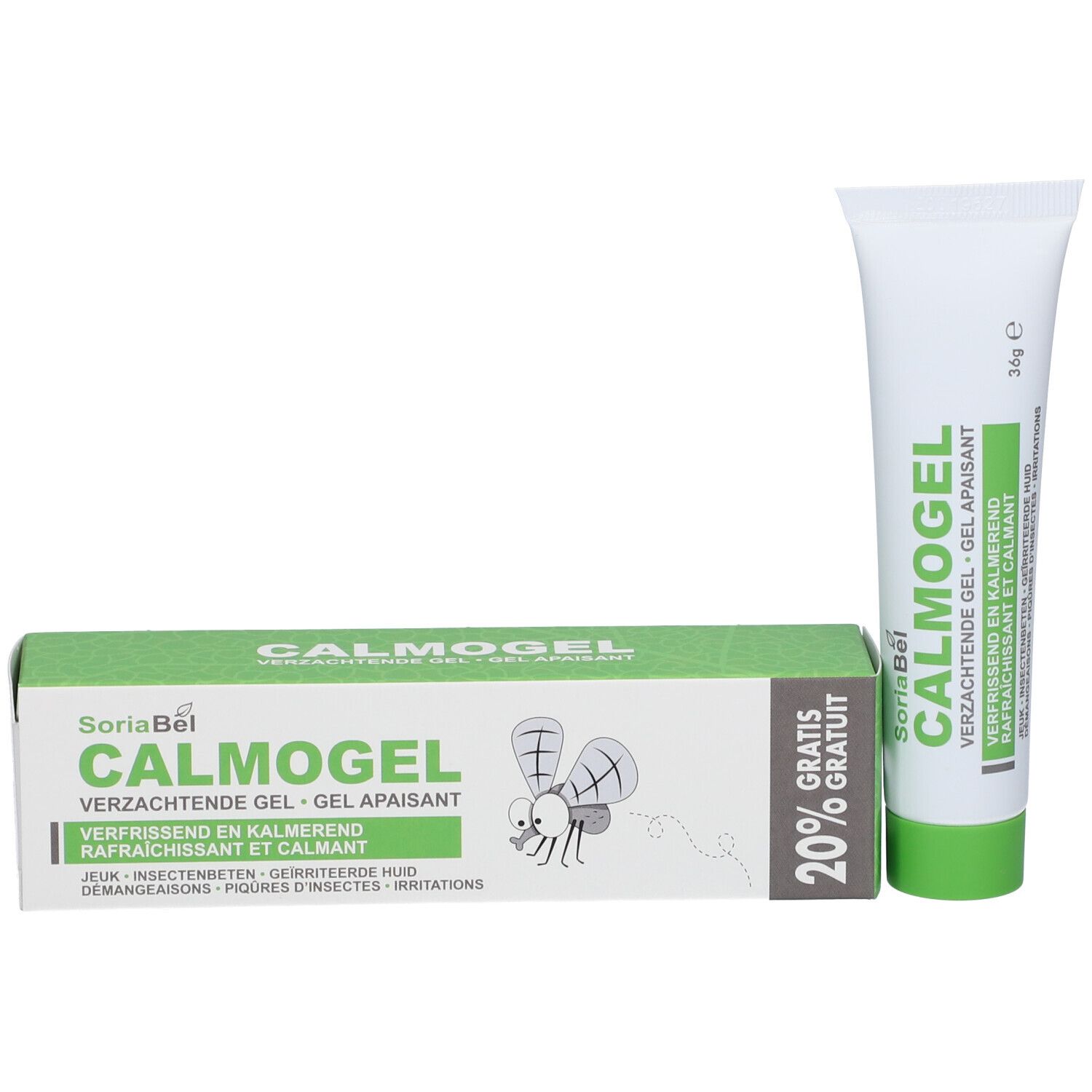 Emballage et tube. Emballage: CALMOGEL, SoriaBel, texte vert. 20% gratuit. Illustration d'un moustique.