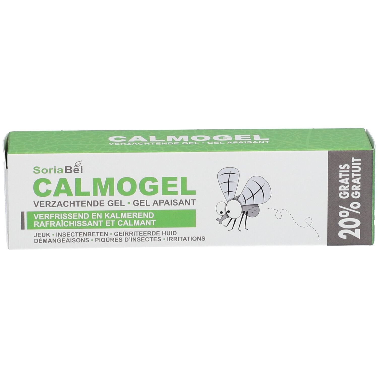 Emballage vert. Inscription: CALMOGEL, SoriaBel. Illustration d'un moustique. 20% gratuit.