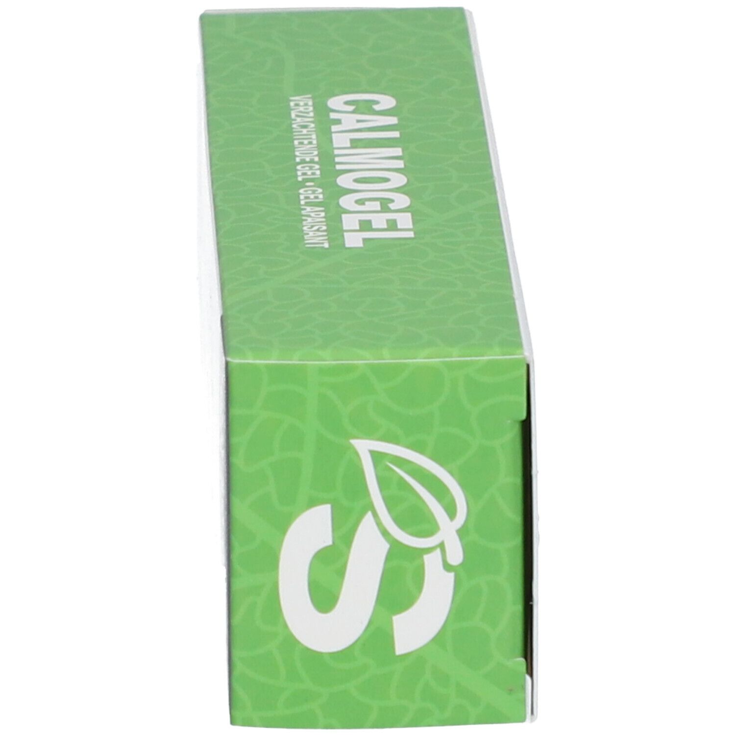 Vue latérale de l'emballage vert. Inscription: CALMOGEL. Logo SoriaBel.