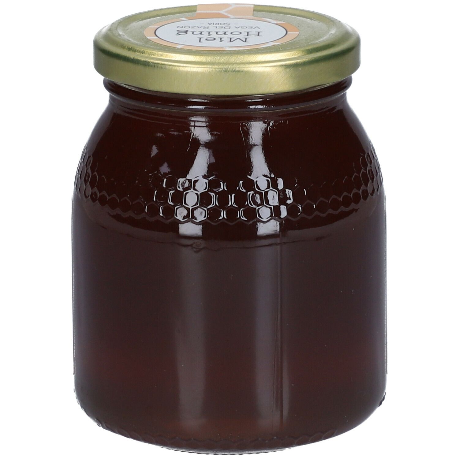 Glazen pot honing met gouden deksel. Honing donkerbruin. Etiket met productnaam.