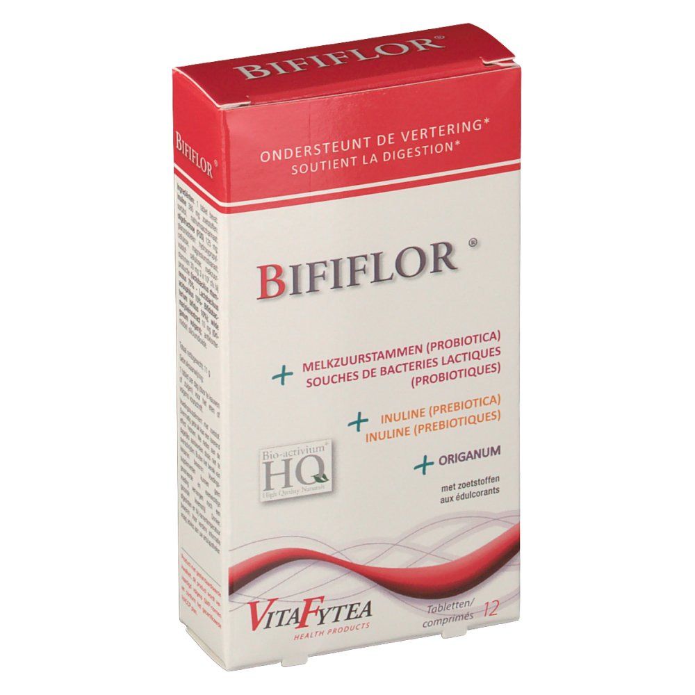 Confezione di Vitafytea Bififlor. Scatola rossa e bianca con nome del prodotto e ingredienti. Marchio di qualità HQ.