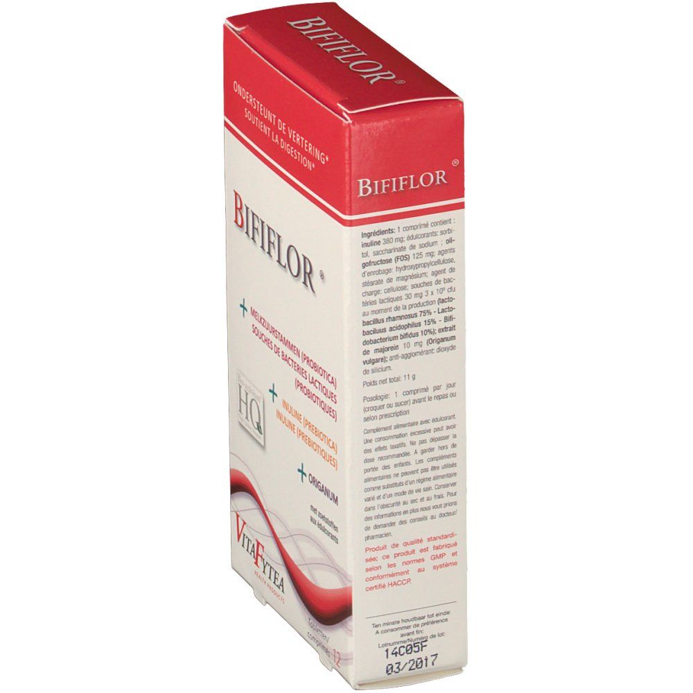 Vista laterale della confezione di Vitafytea Bififlor. Scatola rossa e bianca con informazioni e ingredienti.
