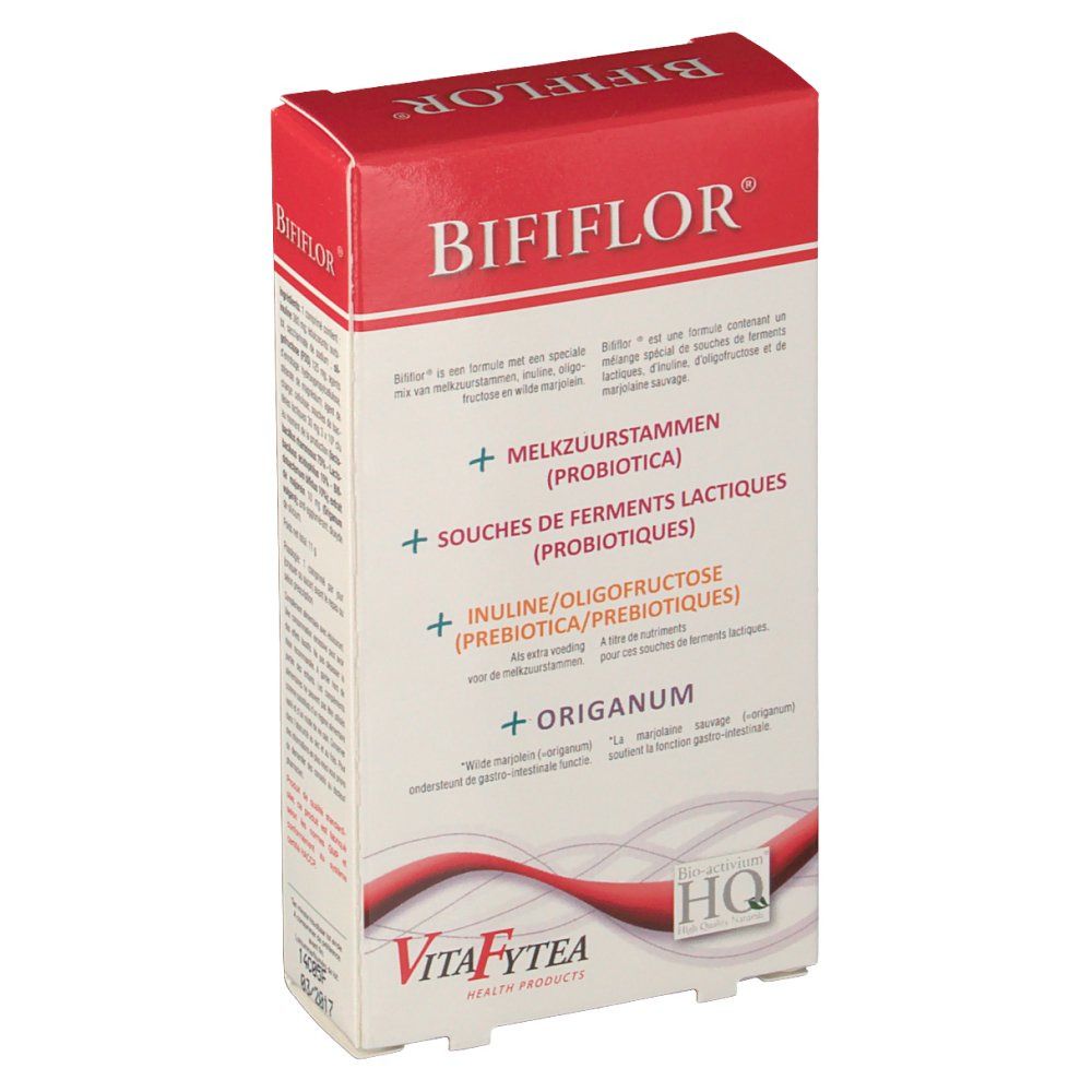 Vista frontale della confezione di Vitafytea Bififlor. Scatola rossa e bianca con nome del prodotto e ingredienti. Marchio HQ.