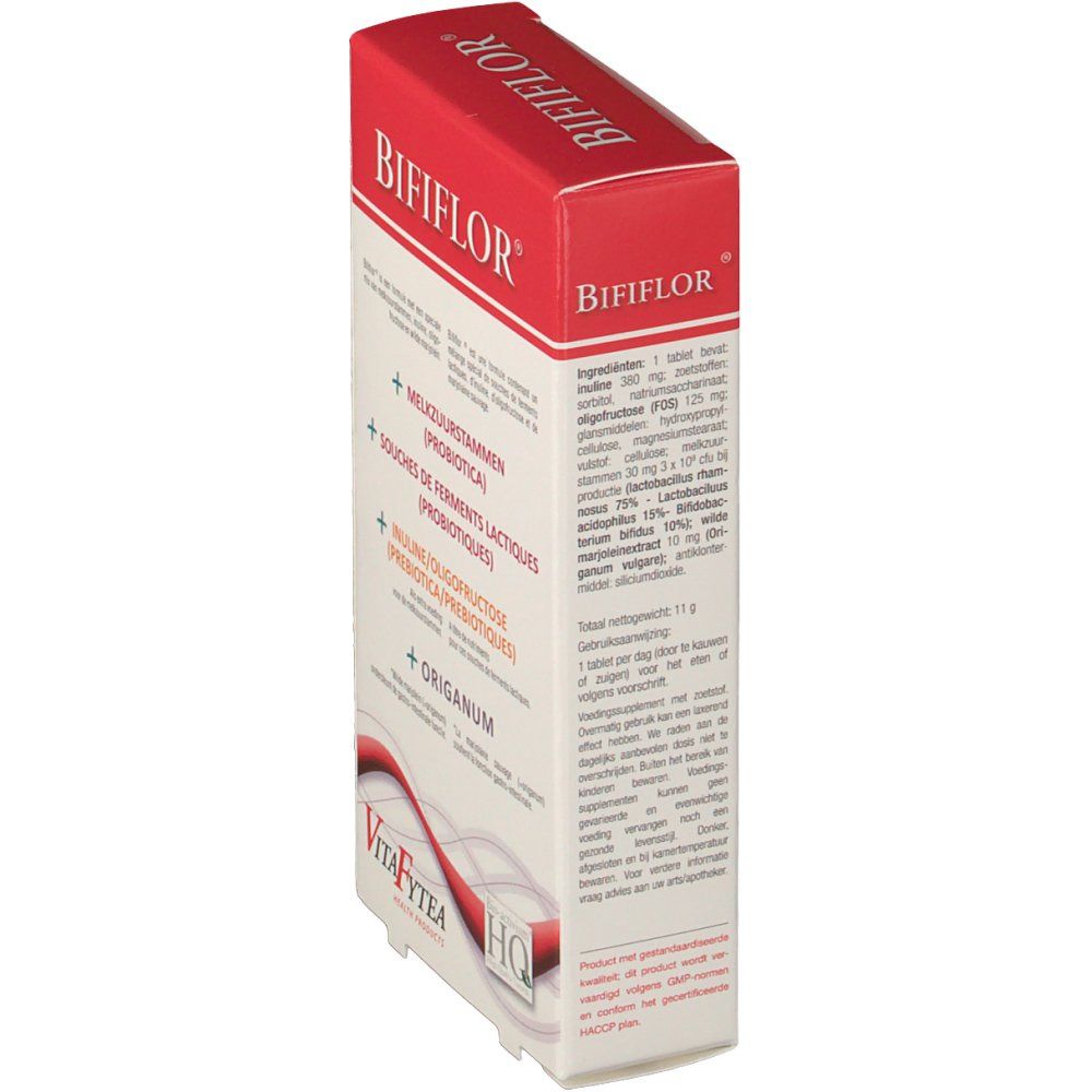 Vista laterale della confezione di Vitafytea Bififlor. Scatola rossa e bianca con informazioni e ingredienti.