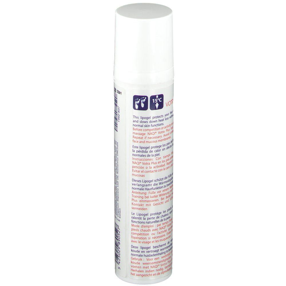 Flacon NAQI® Votra Plus avec texte. Informations d'utilisation et indications de température.