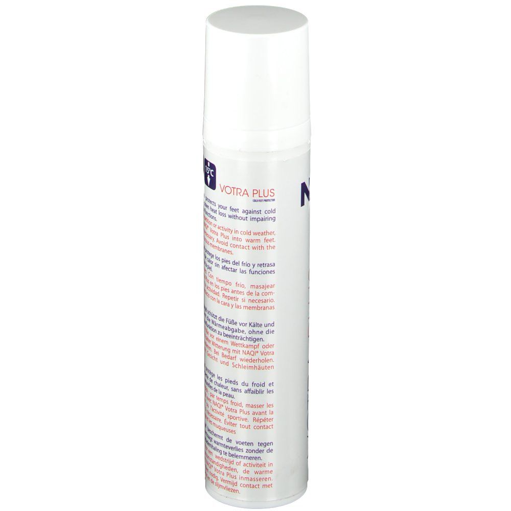 Dos du flacon NAQI® Votra Plus. Texte avec informations sur le produit et logo.
