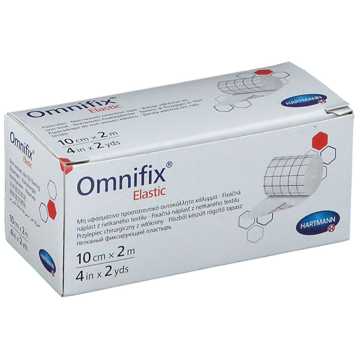 Boîte de fixation élastique Omnifix. 10 cm x 2 m. Marque Hartmann. Inscriptions multilingues.