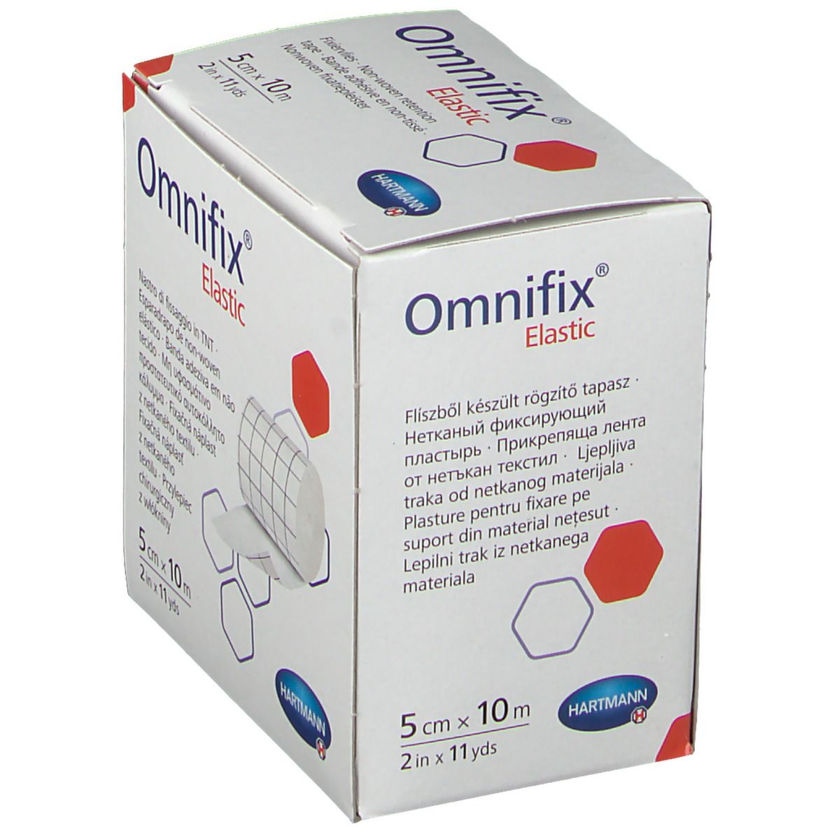 Emballage de Omnifix® Elastic. Fixation non tissée. 5 cm x 10 m. Logo Hartmann.