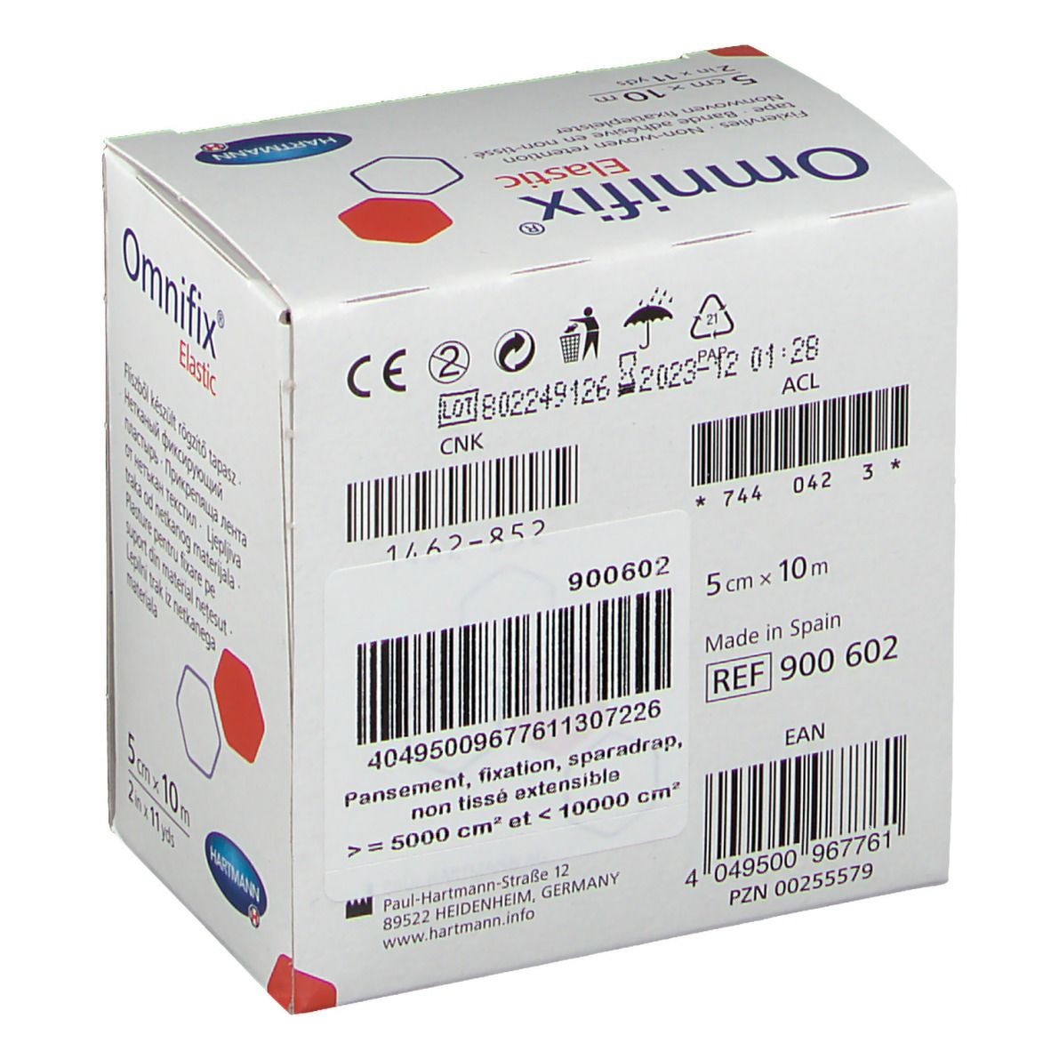 Emballage Omnifix® Elastic. 5 cm x 10 m. Informations produit, code-barres, marquage CE.
