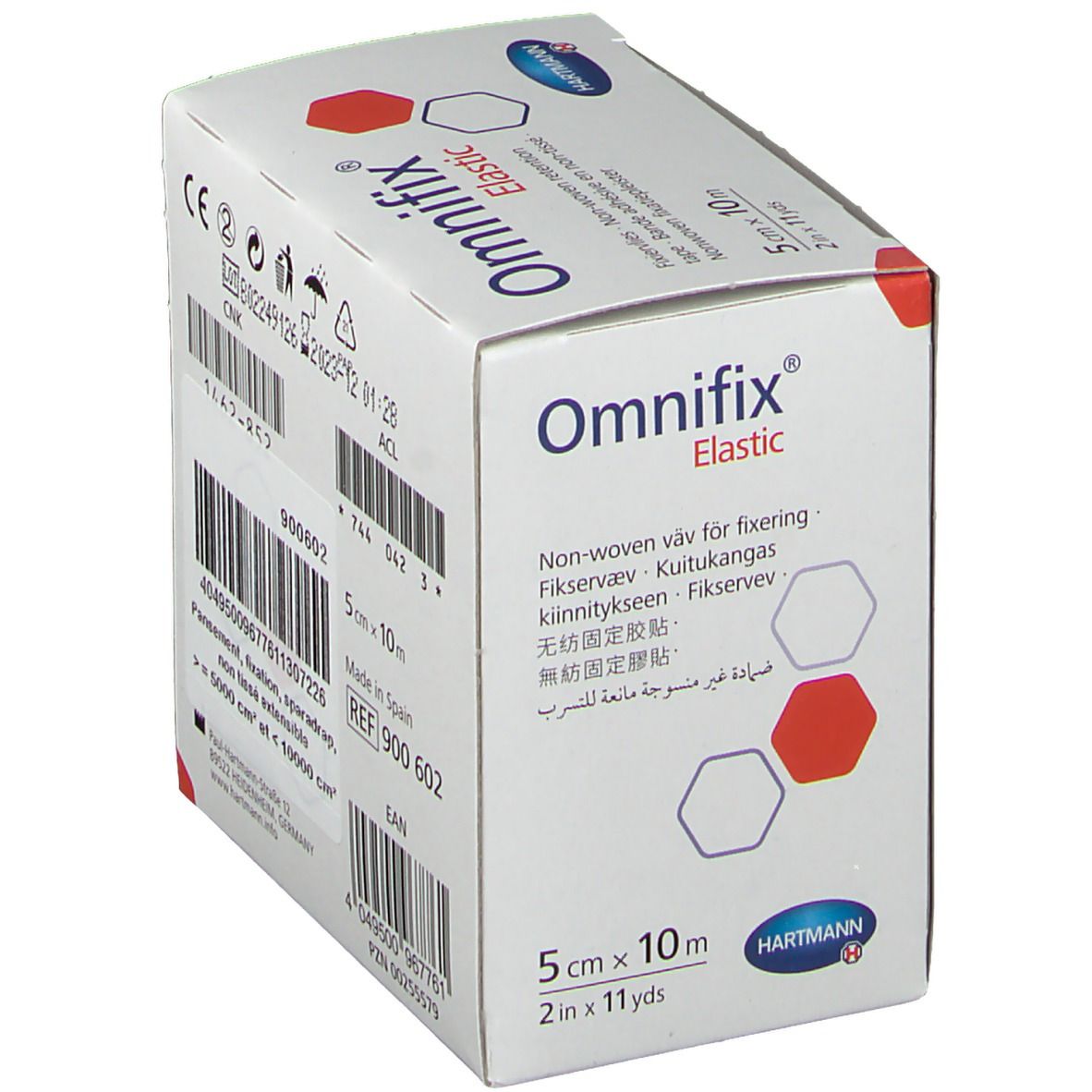 Emballage Omnifix® Elastic. 5 cm x 10 m. Informations produit, marquage CE.