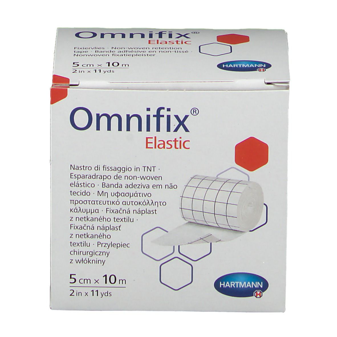 Emballage de Omnifix® Elastic. Fixation non tissée. 5 cm x 10 m. Logo Hartmann.