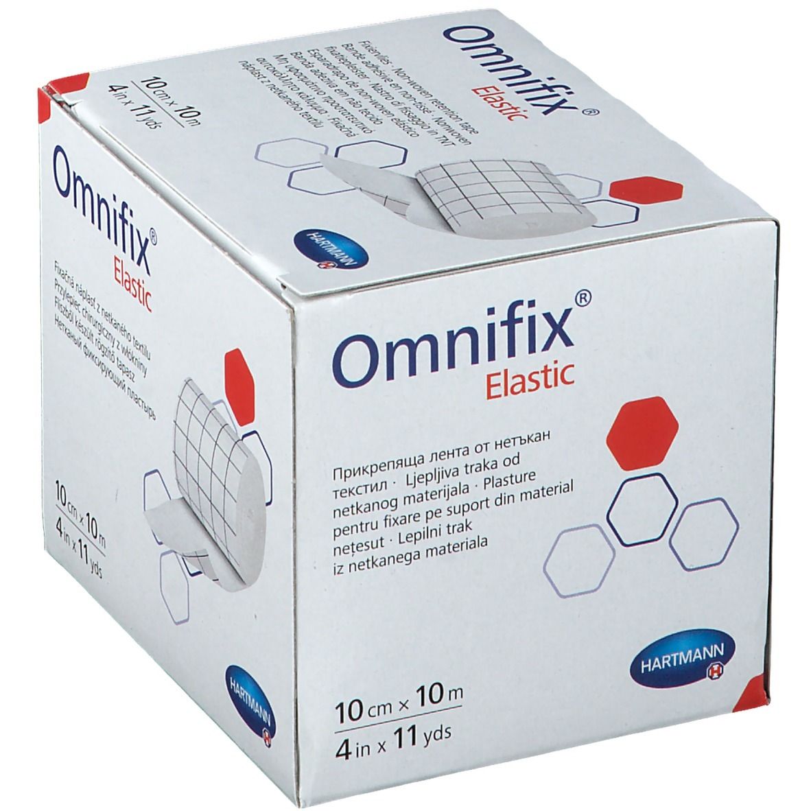 Boîte Omnifix® Elastic. Contient un rouleau de fixation. Inscription : 10 cm x 10 m, 4 in x 11 yds. Marque : Hartmann. Illustration du produit.