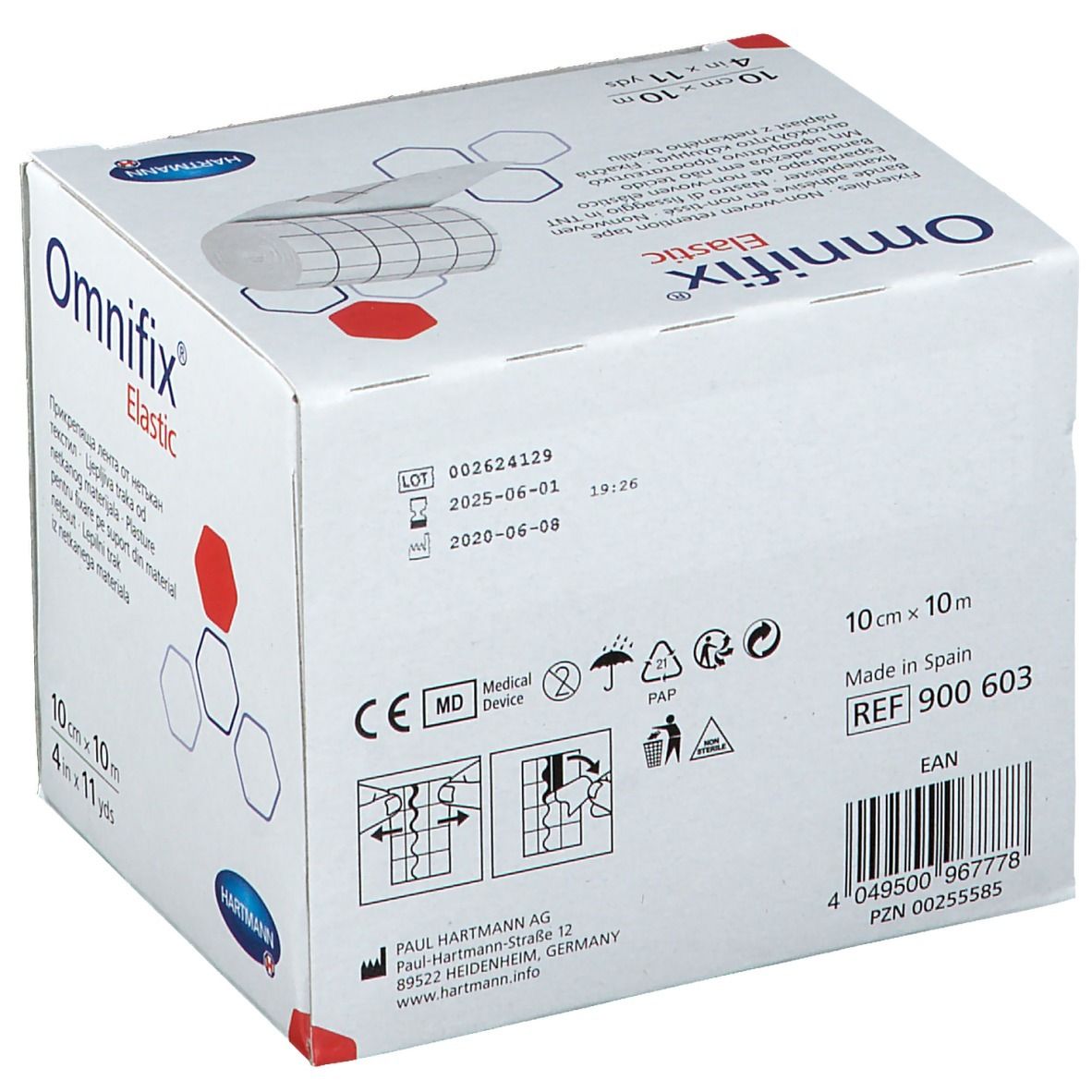 Boîte Omnifix® Elastic. Inscription : 10 cm x 10 m, 4 in x 11 yds. Contient des informations telles que le numéro de lot, la date d'expiration, le marquage CE et le fabricant.