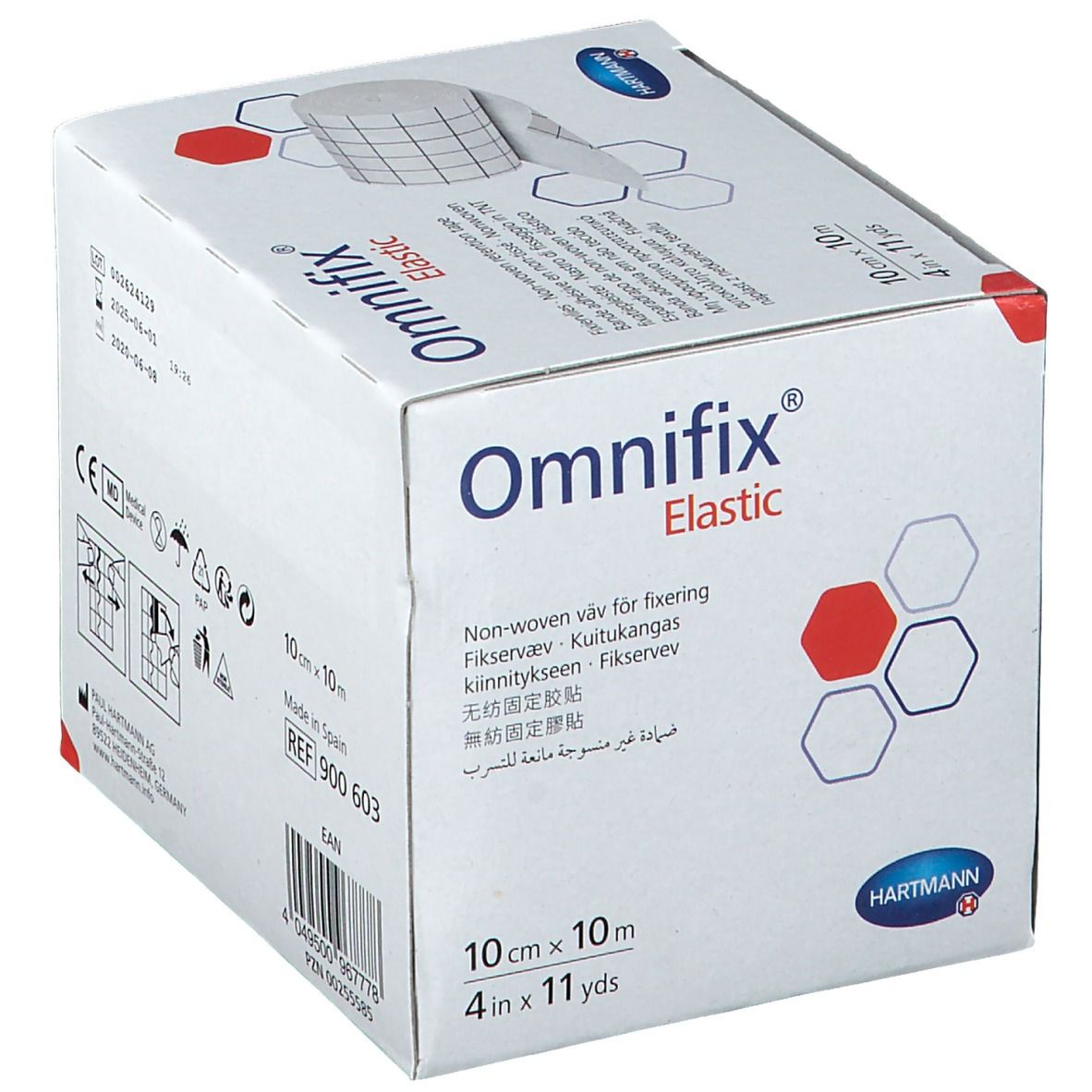 Boîte Omnifix® Elastic. Inscription : 10 cm x 10 m, 4 in x 11 yds. Contient des informations telles que le mode d'emploi et le fabricant.