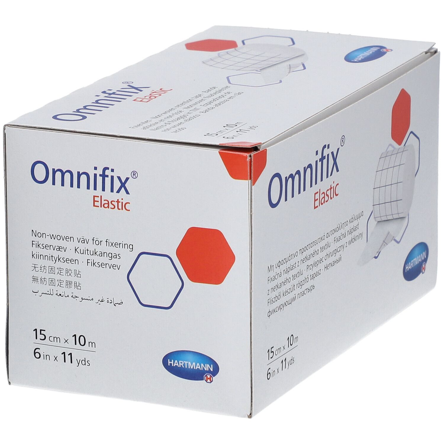 Omnifix Elastic doos. 15 cm x 10 m. Hartmann logo. Witte doos met productdetails in meerdere talen.