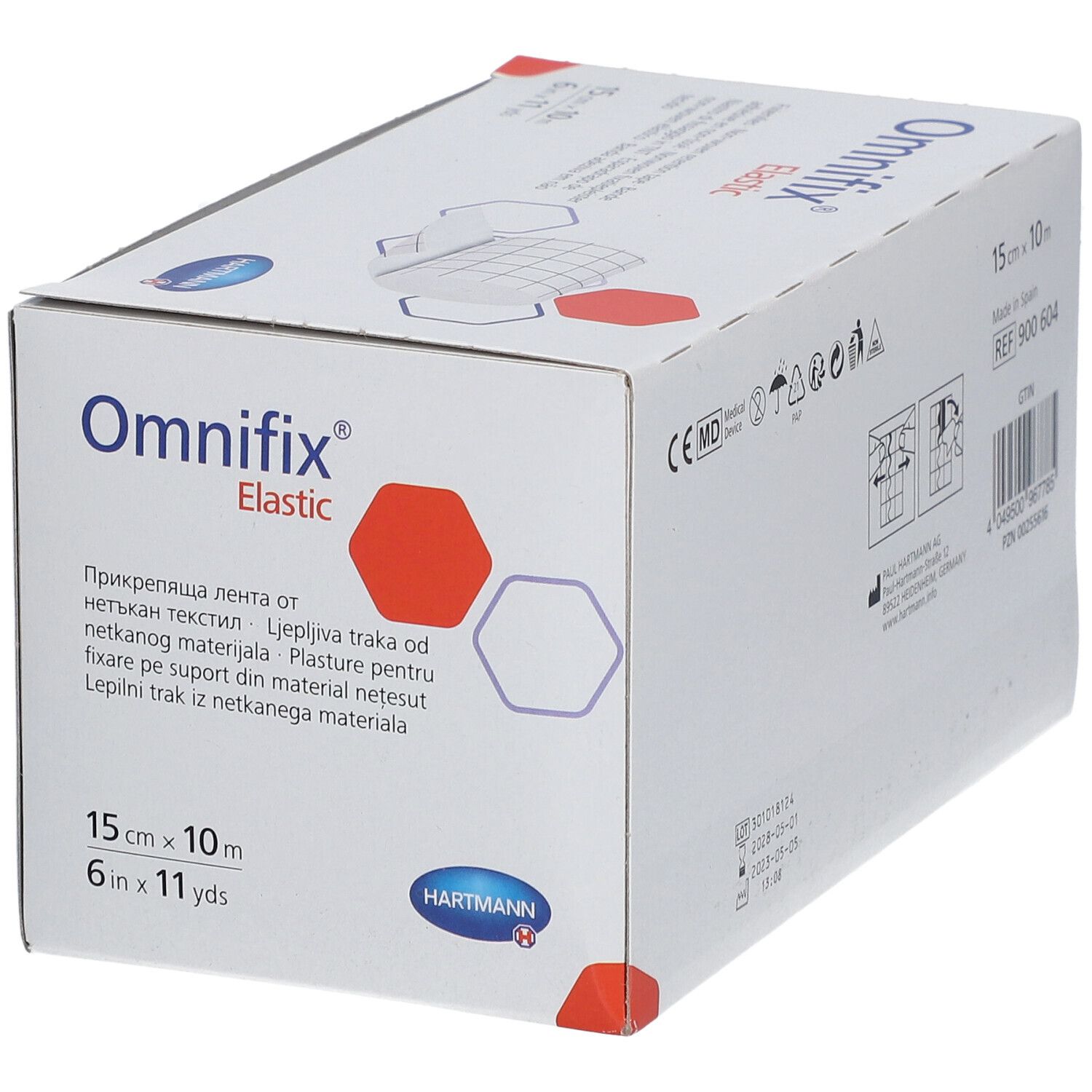 Omnifix Elastic doos. 15 cm x 10 m. Hartmann logo. Witte doos met productdetails in meerdere talen.