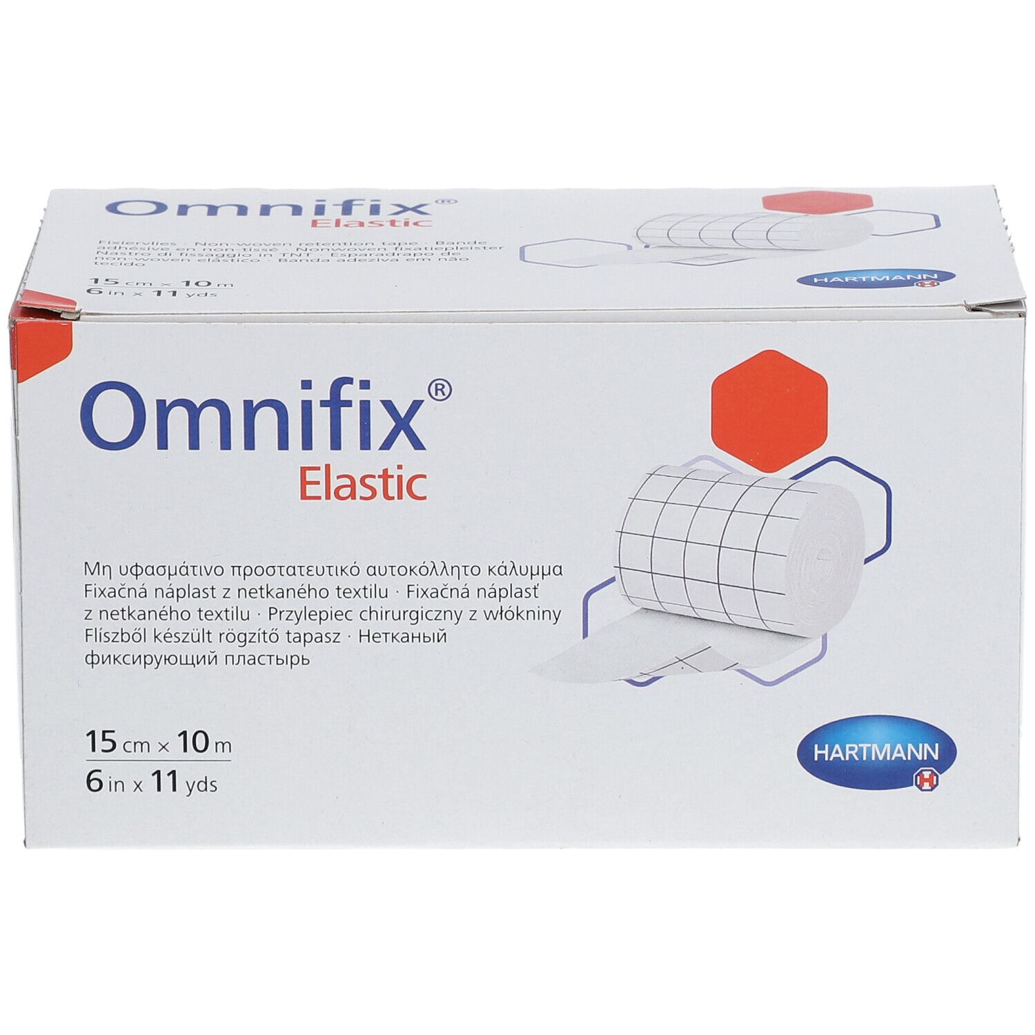 Omnifix Elastic doos. 15 cm x 10 m. Hartmann logo. Witte doos met productillustratie.