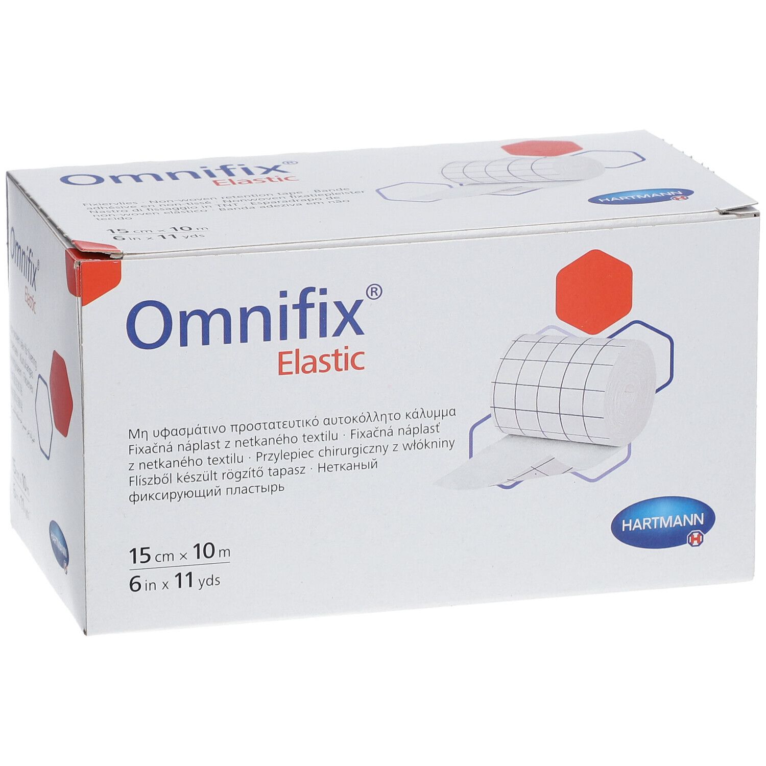 Omnifix Elastic doos. 15 cm x 10 m. Hartmann logo. Witte doos met productillustratie.