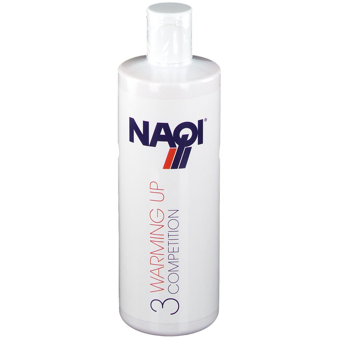 Flacon blanc avec logo NAQI et texte "Warming Up Competition 3".