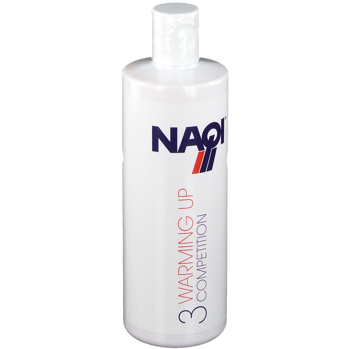Flacon blanc avec logo NAQI et texte "Warming Up Competition 3".