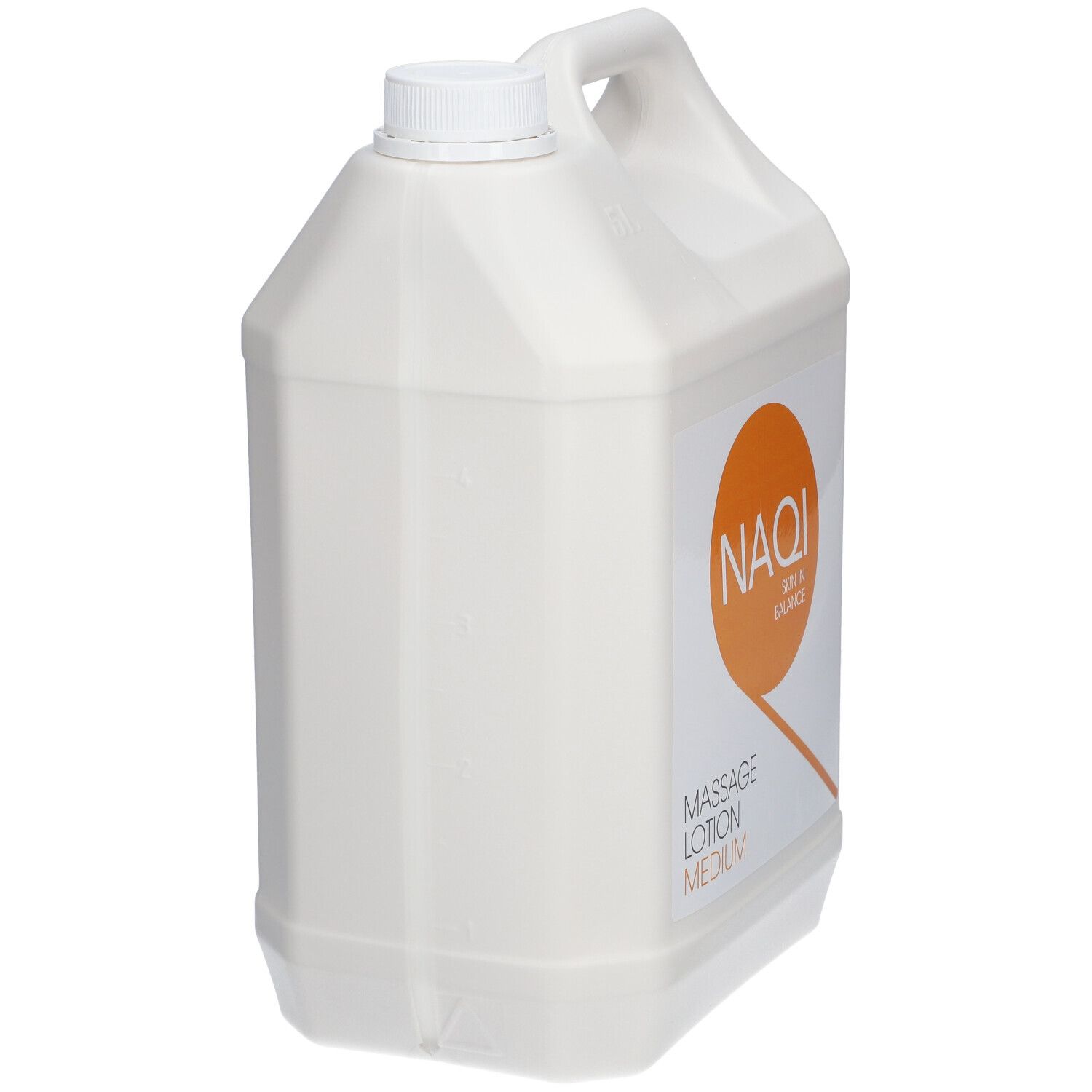 Witte jerrycan met handvat en schroefdop. Zijaanzicht. Sticker met tekst NAQI Massage Lotion Medium.