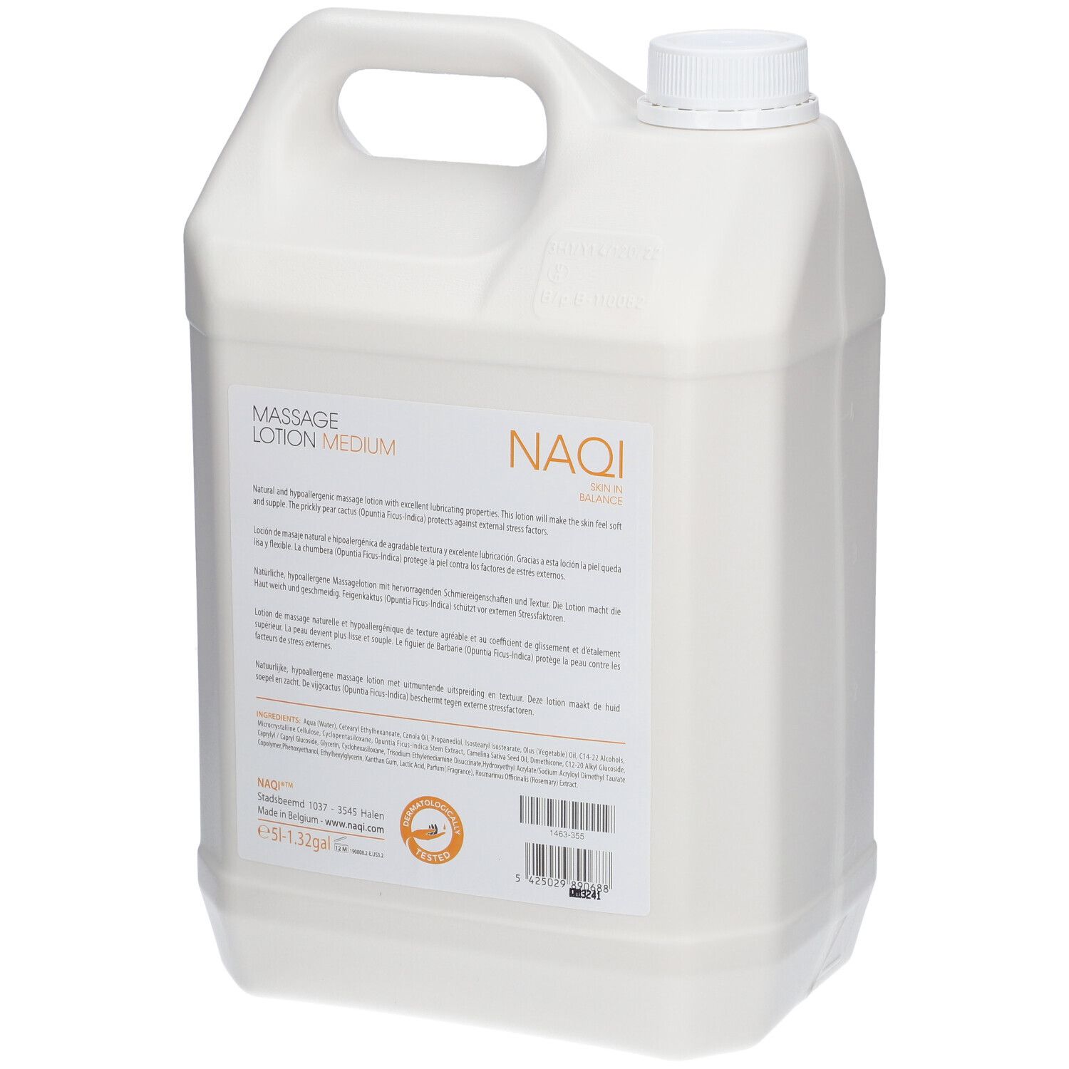Witte jerrycan met handvat en schroefdop. Achterkant met tekst en barcode. Sticker met tekst NAQI Massage Lotion Medium.