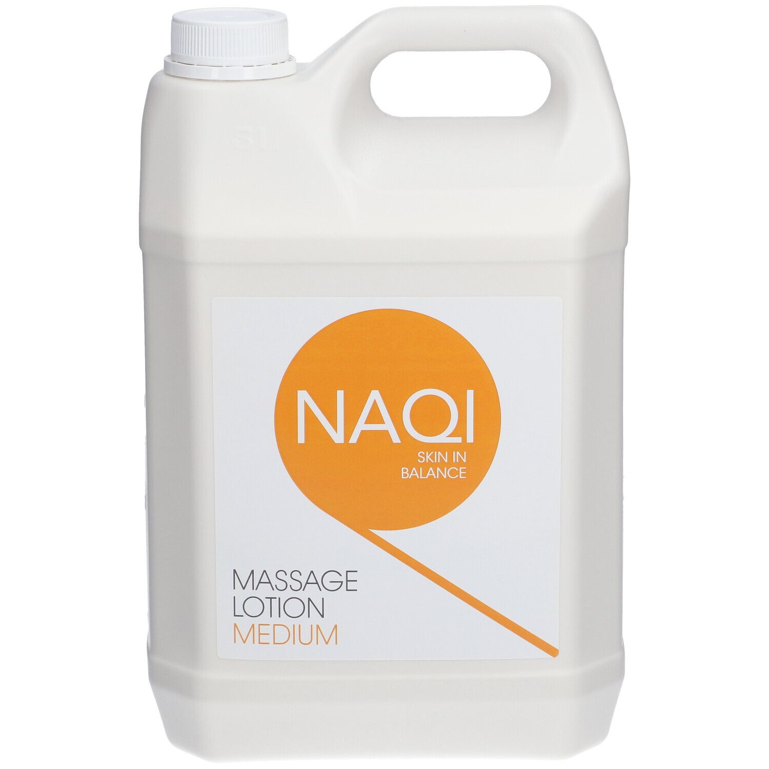 Witte jerrycan met handvat en schroefdop. Sticker met oranje cirkel en tekst NAQI Massage Lotion Medium.
