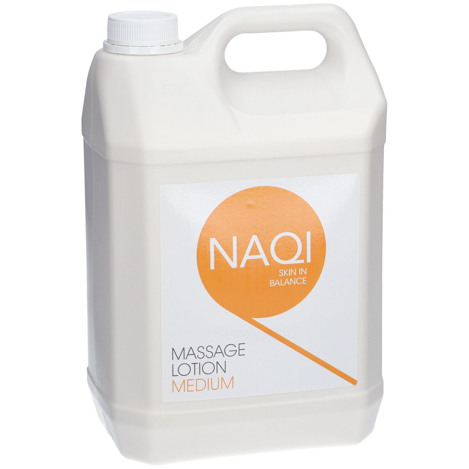 Witte jerrycan met handvat en schroefdop. Sticker met oranje cirkel en tekst NAQI Massage Lotion Medium.